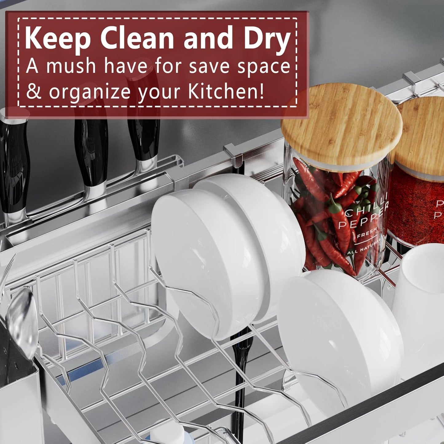 Over Sink Dish Drying Rack, 2 Tier Full Stainless Steel Storage Adjustable Length (25.98'' to 36.61'') Kitchen Rack, Multifunctional Expandable Counter Organizer, Space Saver Dish Rack