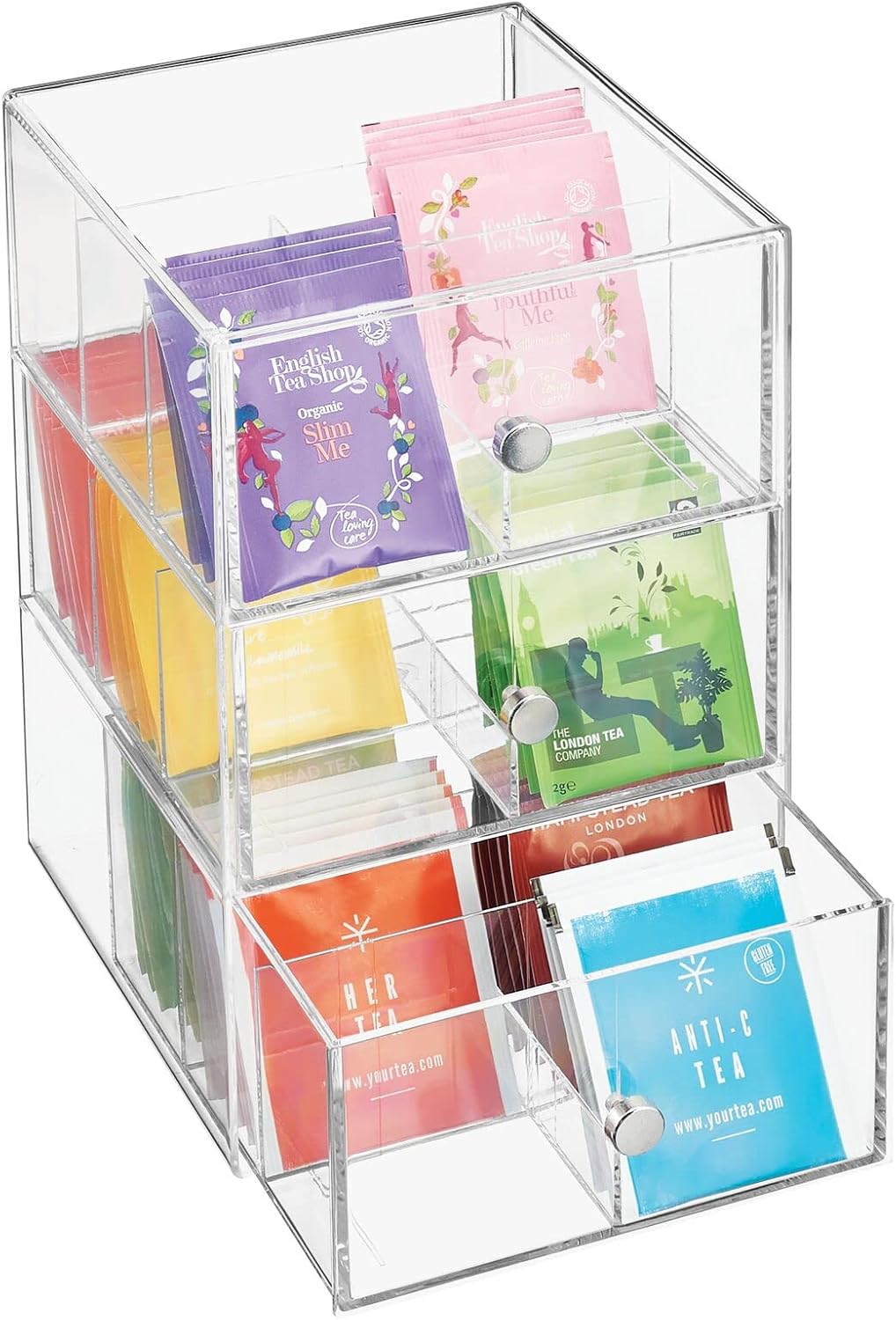 Plastic Wide Kitchen Pantry, Cabinet, Countertop Organizer Storage Station with 3 Drawers for Coffee, Tea, Sugar Packets, Sweeteners, Creamers, Drink Pods, Packets; 18 Sections - Clear