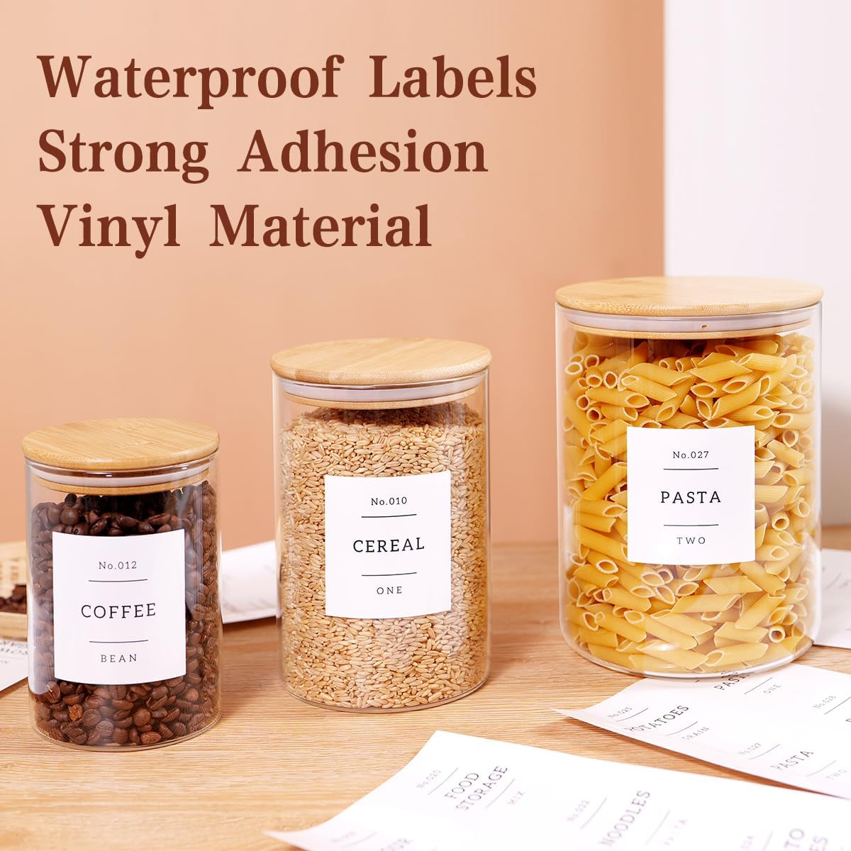 3 Pcs Glass Canisters with Airtight Bamboo Lids and 42 Kitchen Pantry Labels Preprinted
