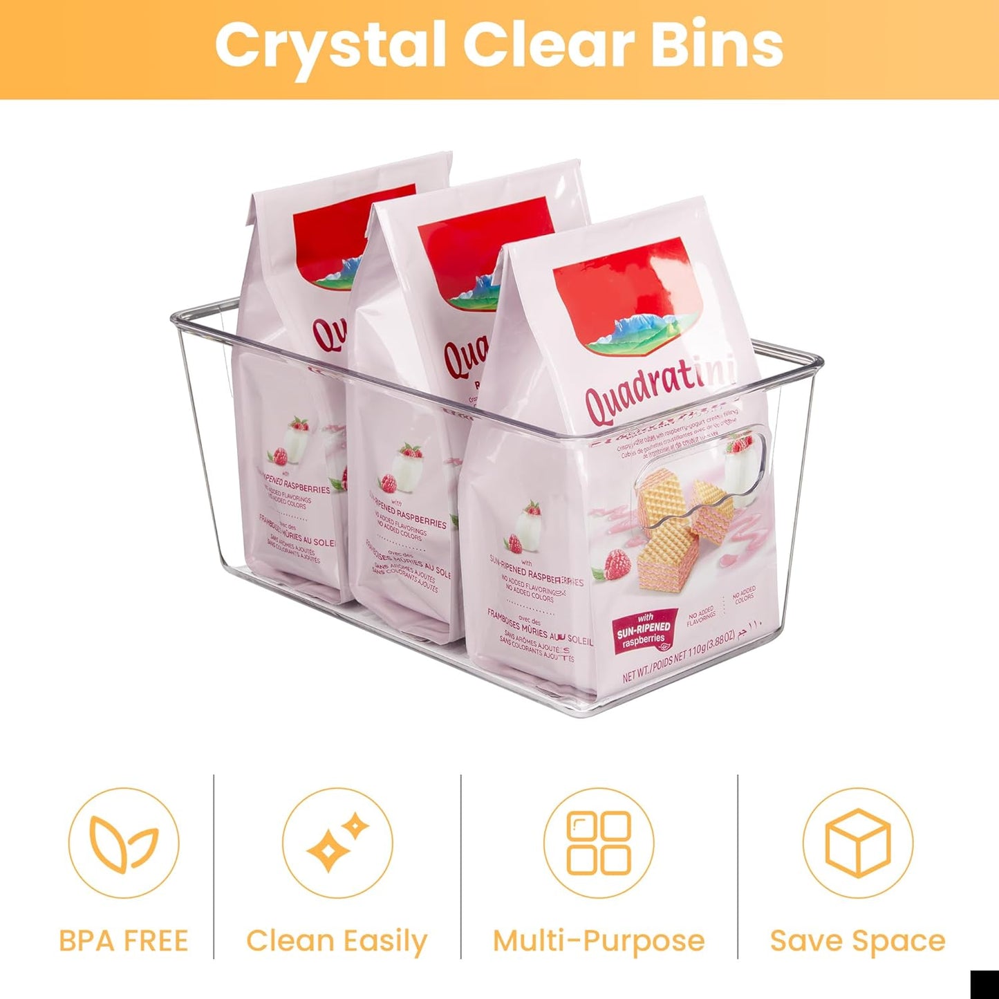 Clear Plastic Storage Bins, 4 Pack Small Pantry Organizer Bins with Handle for Kitchen