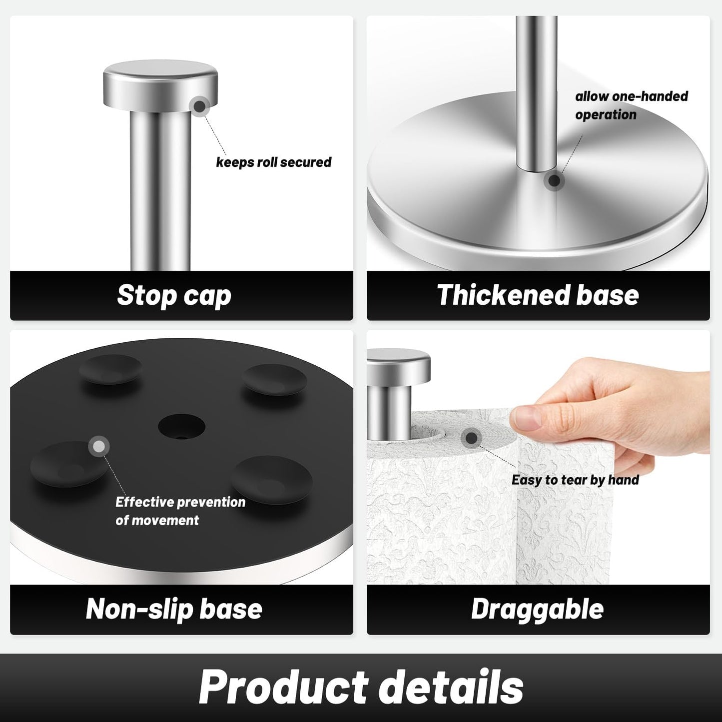 Paper Towel Holder Countertop, Stainless Steel Paper Towel Holder Stand with Weighted Base Suction Cups, Standing Paper Towel Roll Holder for Kitchen Bathroom (Silver)