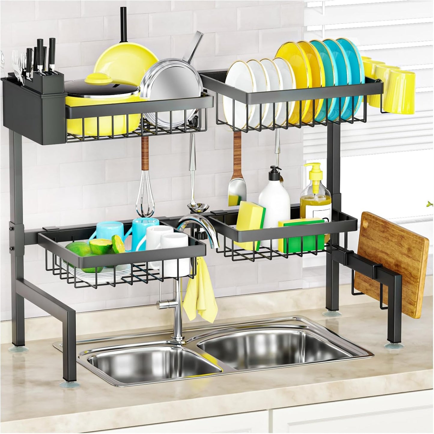 4 Baskets 2-Tier Over The Sink Dish Drying Rack, 26.57"-35", Large Sink Rack for Kitchen