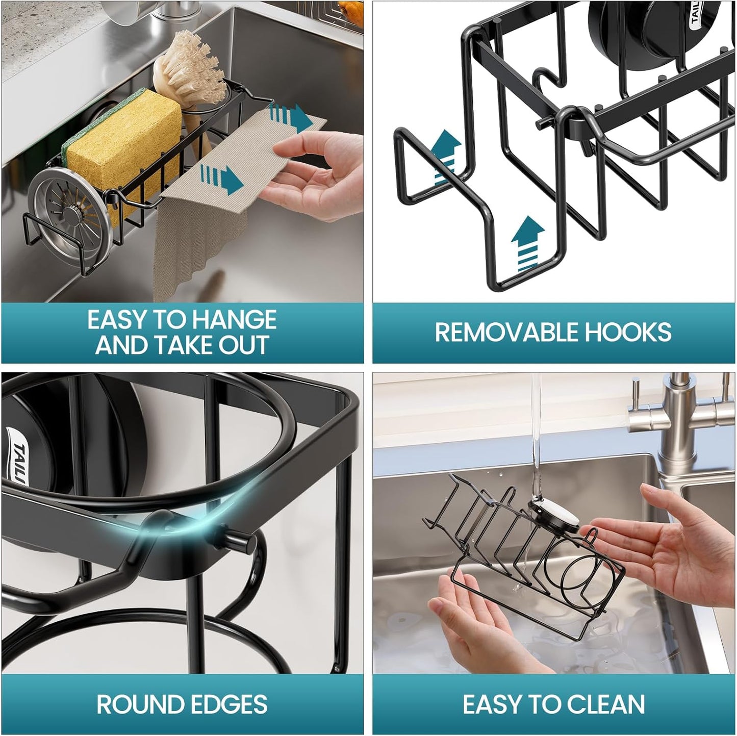 4-in-1 Sponge Holder for Kitchen Sink with Strong Suction Cup Removable