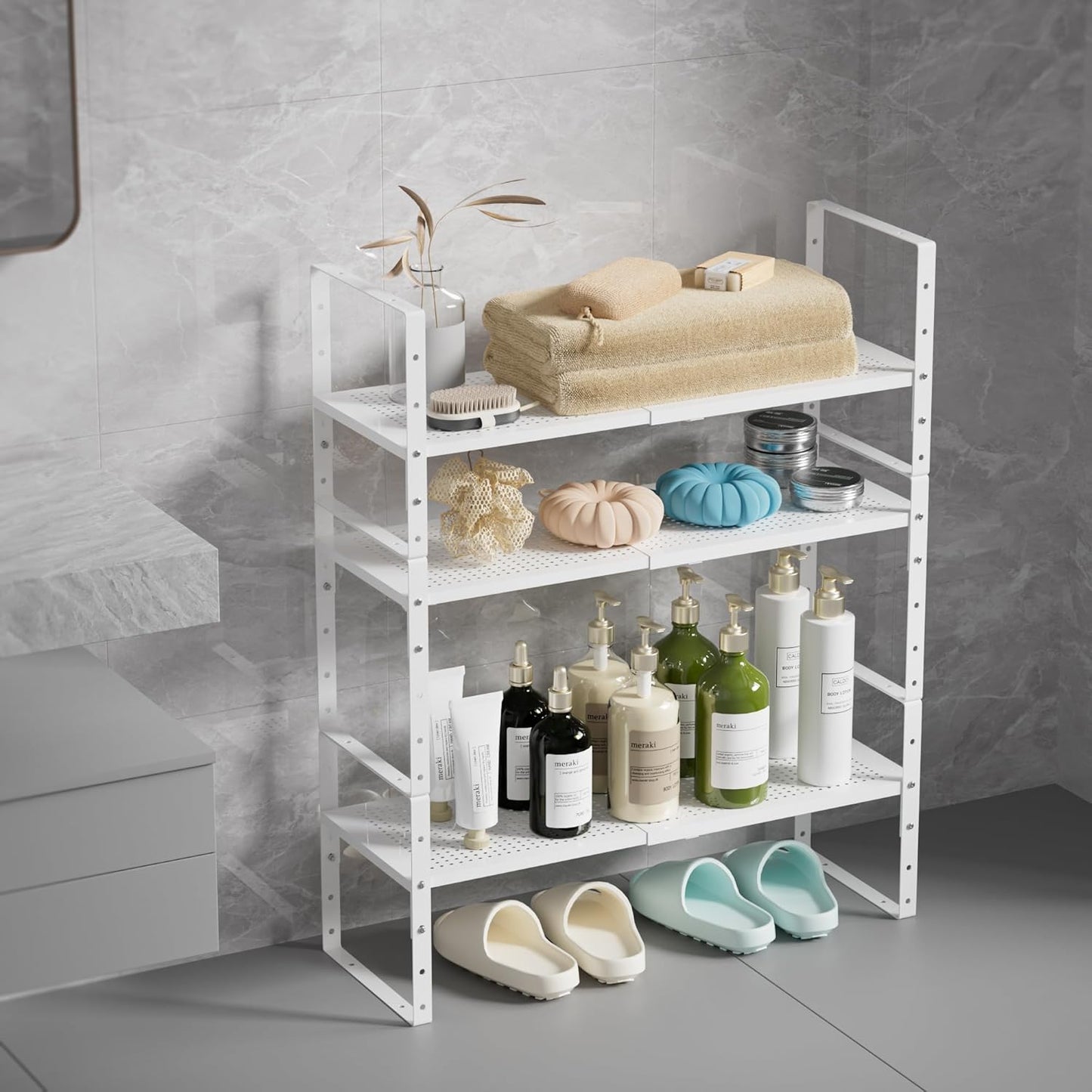 Multi-Functional Metal Shoe Rack,Expandable Adjustable Stackable Kitchen Organizer,Metal Shelf risers for cabinets, Kitchens and Closet, Bathroom(1Pack/White/Medium)
