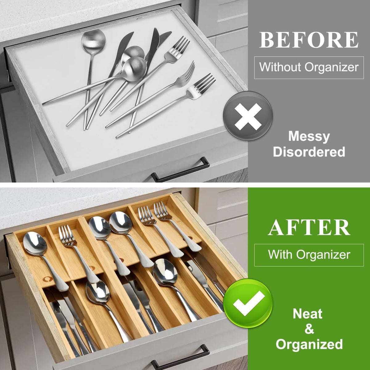Small Bamboo Skinny Silverware Drawer Organizer Narrow Utens