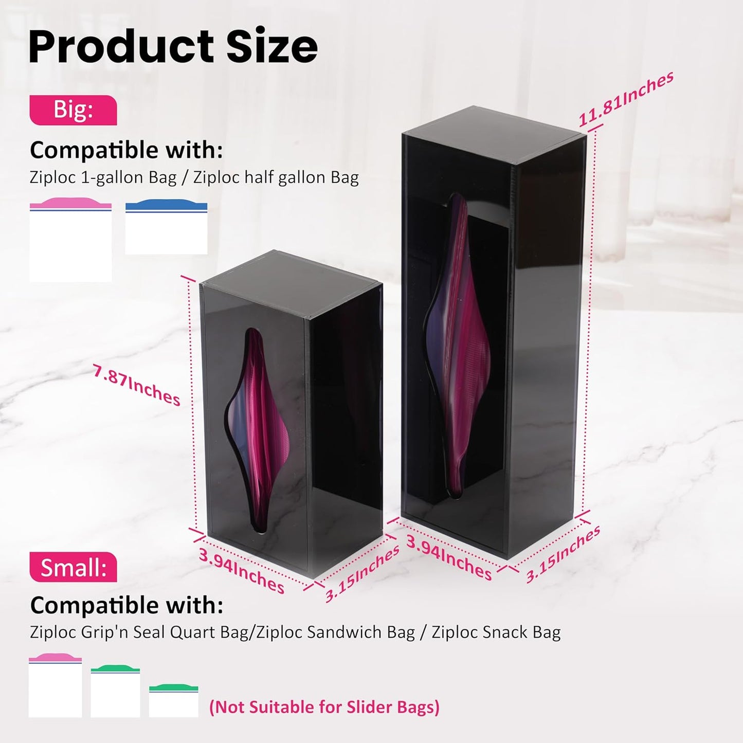 Acrylic Food Bag Storage Organizer Magnetic Fridge Attachment Compatible with Ziploc Sandwich/Snack/Grip'n Seal Quart/1 Gallon, Dispenser for Ziploc Bags, Kitchen Organization, 2 Packs