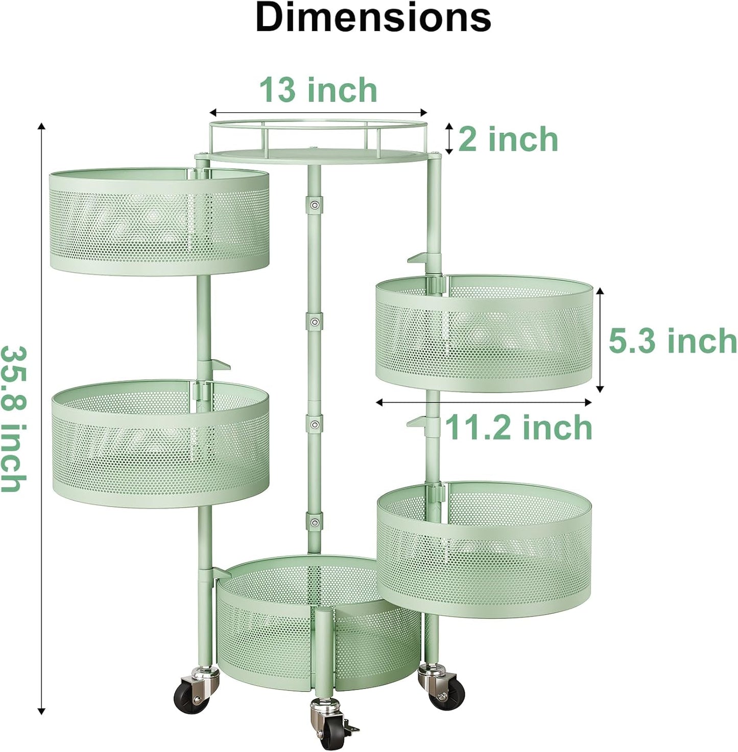 Fruit Vegetable Basket for Kitchen, Rotating Storage Rack, 5 Tier Rolling Cart with top lid