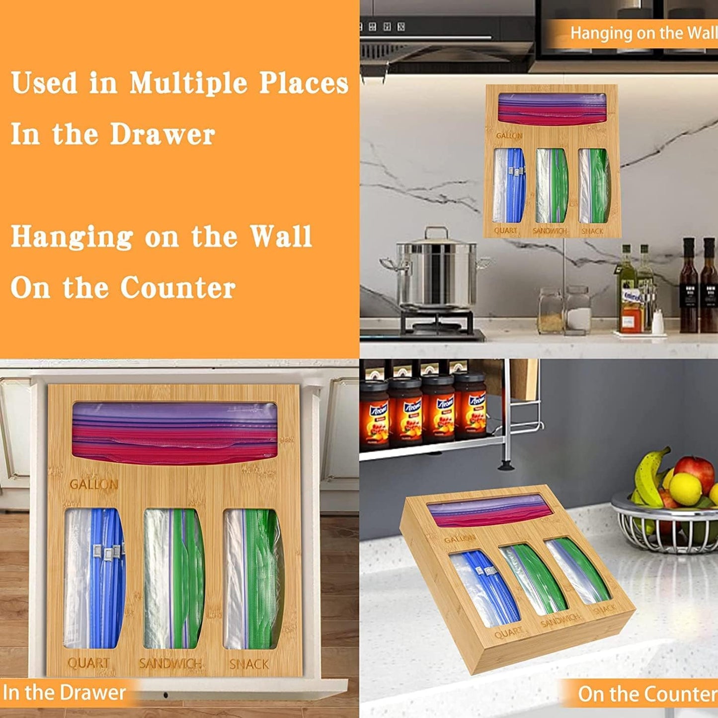 Food Ziplock Bag Storage Organizer For Kitchen Drawer, Bamboo Baggie Holder
