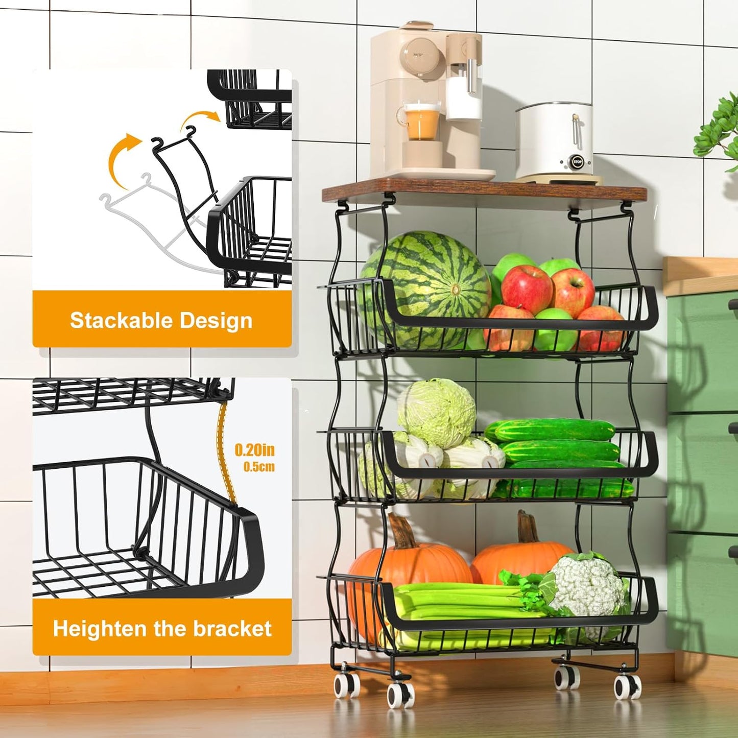 Fruit Vegetable Basket for Kitchen, 4 Tier Stackable Fruit Vegetable Storage Baskets with Wheels