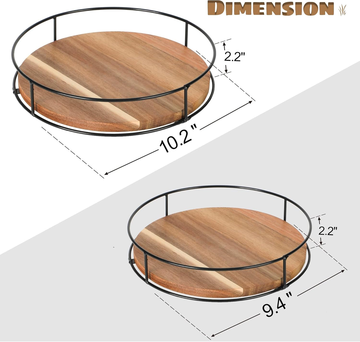 [ 2 Pack ] 9" & 10" Acacia Wood Lazy Susan Organizers with Steel Sides