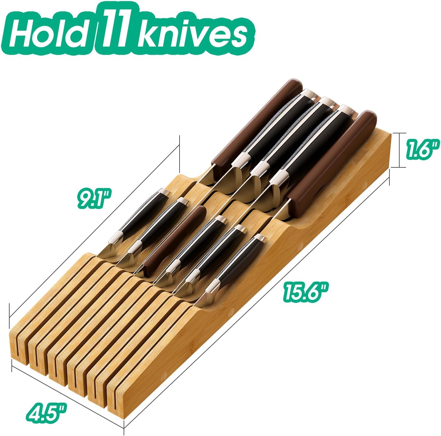 Knife Drawer Organizer Insert, Bamboo Wood Knife Holder, Knife Block Holds Up To 11 Knives