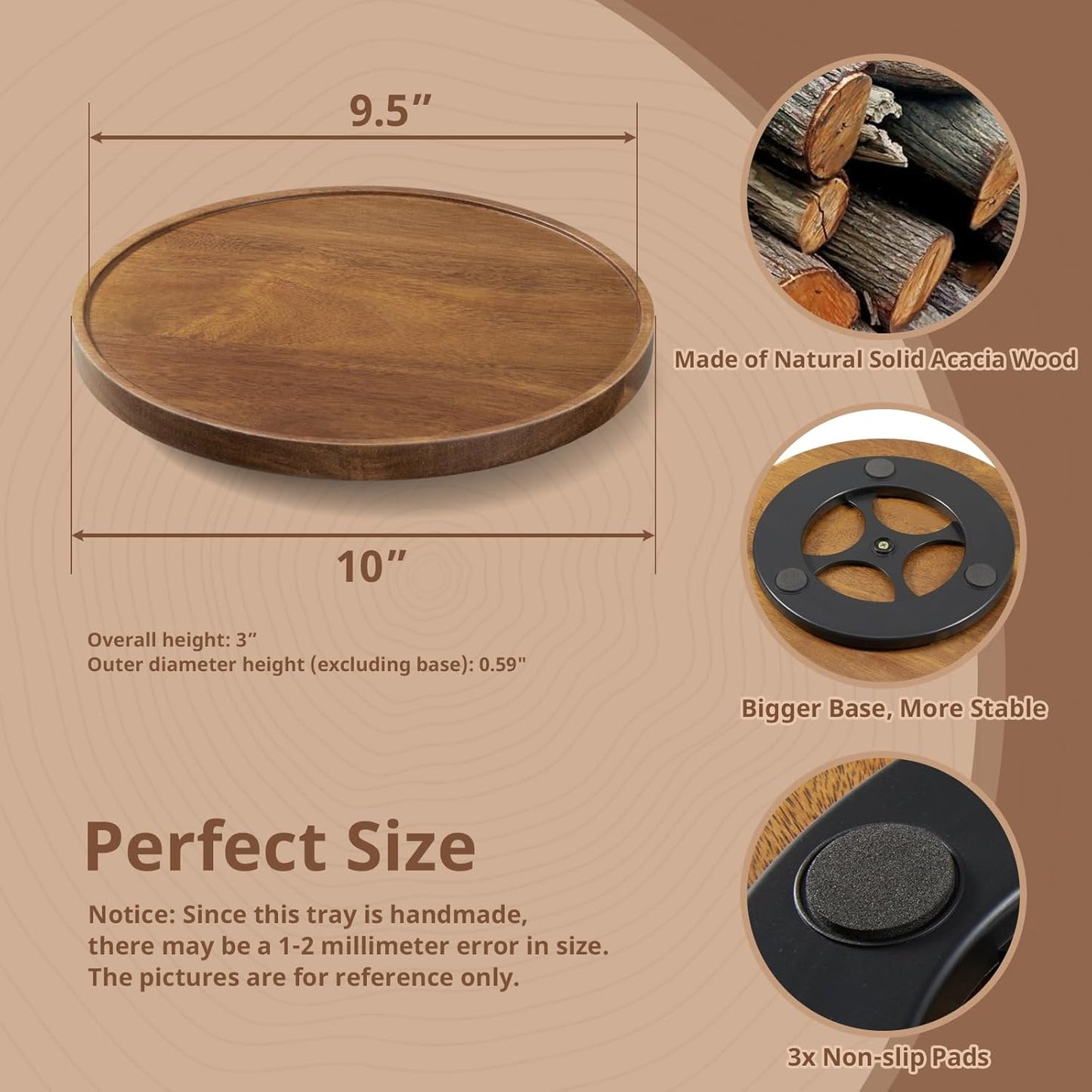 2 Pack 10“ Acacia Wood Lazy Susan Turntable Organizer for Cabinet