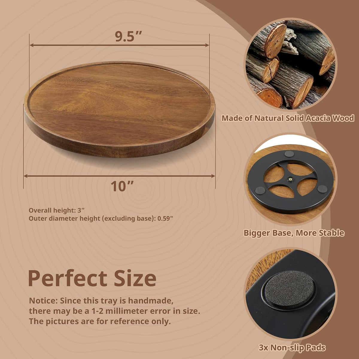 10” Acacia Wood Lazy Susan Turntable Organizer for Cabinet