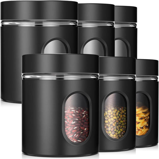 6 Pack Kitchen Canisters Set 20 oz Airtight Stainless Steel Canister Food Storage Container with Window Glass, Coffee Sugar Candy Jars Tea Organizer for Flour Cookies Spice Kitchen (Black)