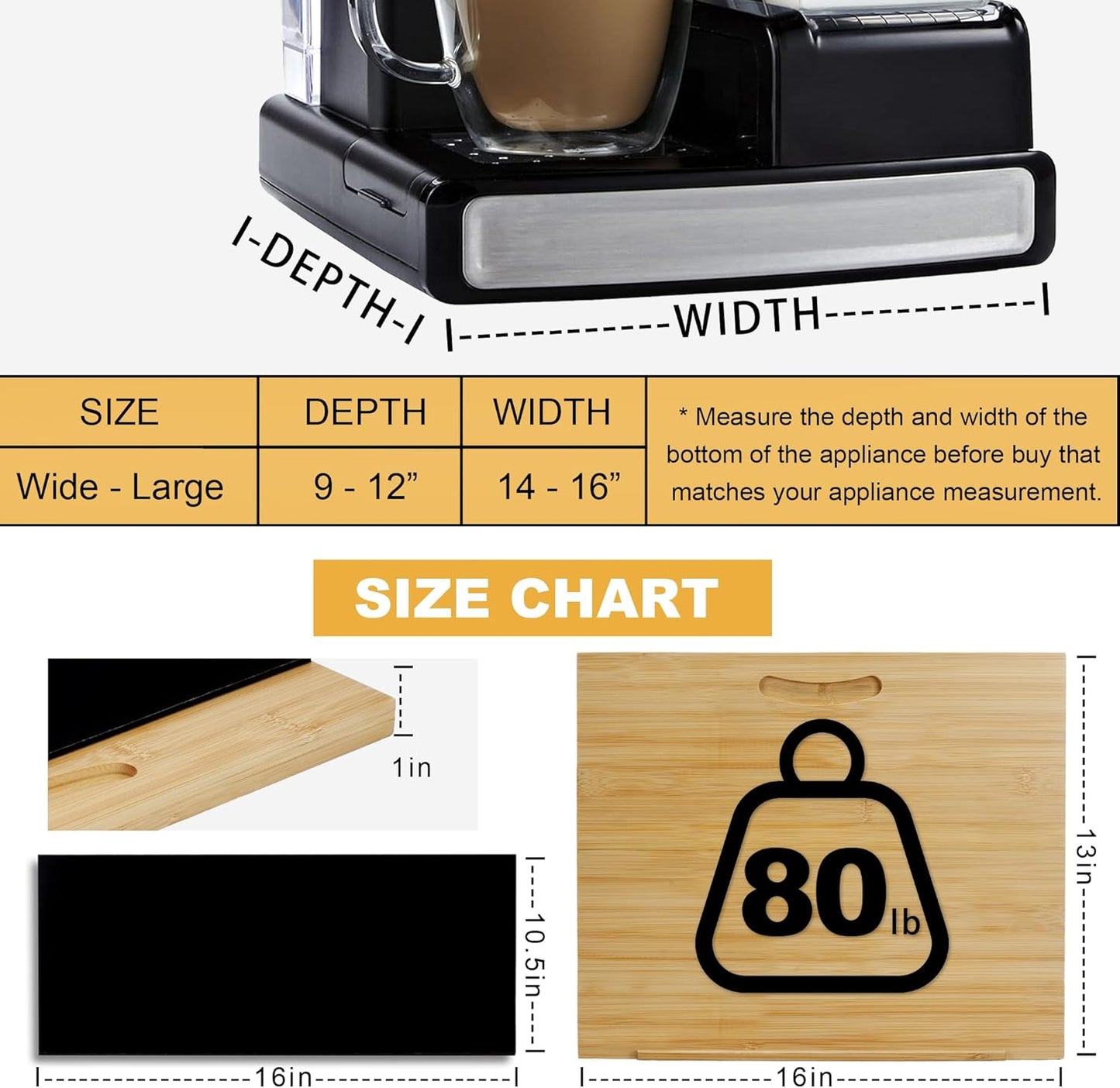 MinBoo Bamboo Appliance Slider,Sliding Tray for Coffee Maker, Kitchen Countertop Appliance Rolling Tray,Slides Easily from Under The Cabinet,Wide - Large (16" Wx13 D)