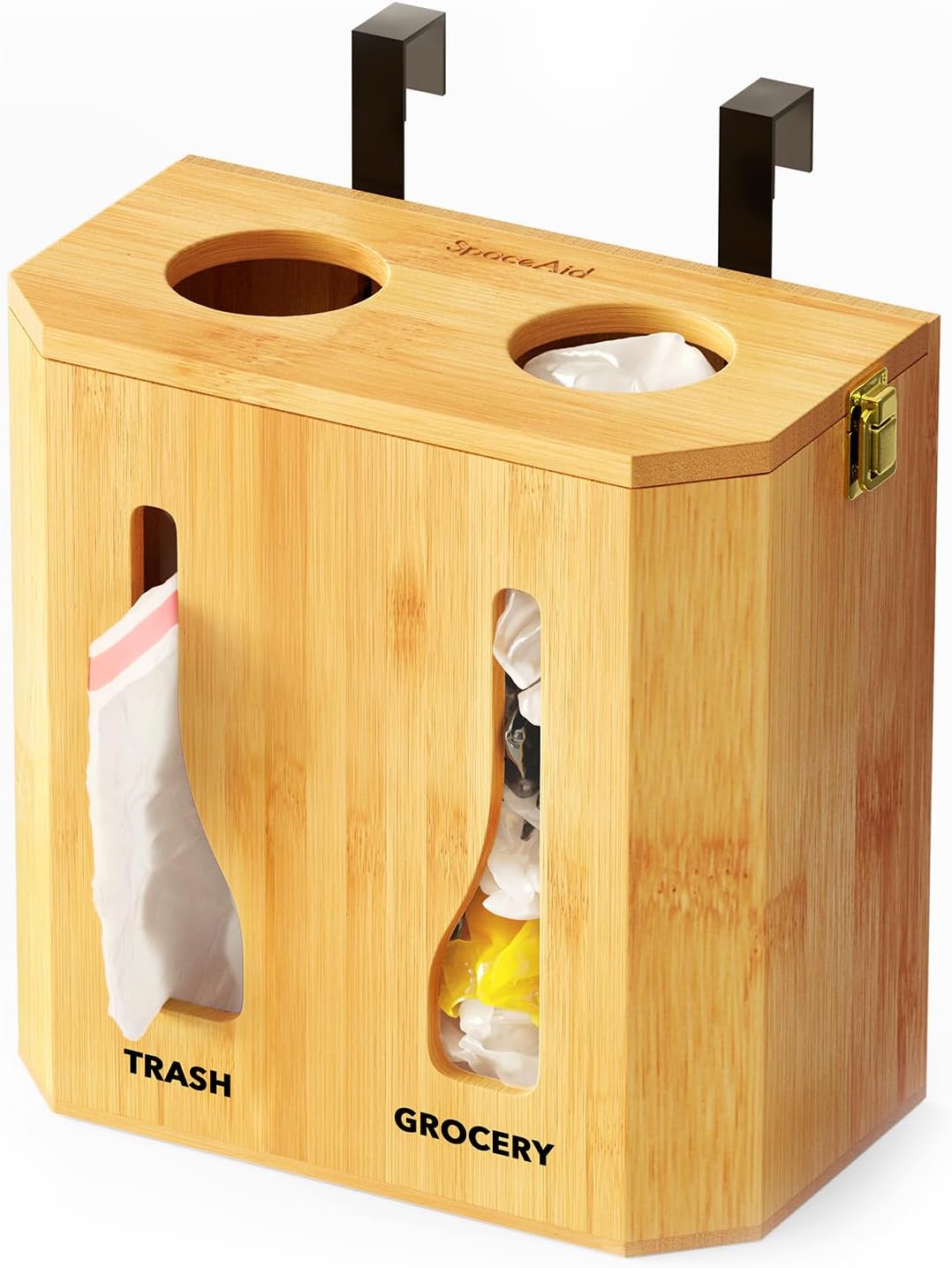 Bamboo 2 in 1 Garbage Bag Roll Holder & Dispenser, Under Sink Organizer for Kitchen Storage