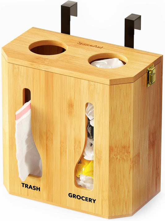 Bamboo 2 in 1 Garbage Bag Roll Holder & Dispenser, Under Sink Organizer for Kitchen Storage