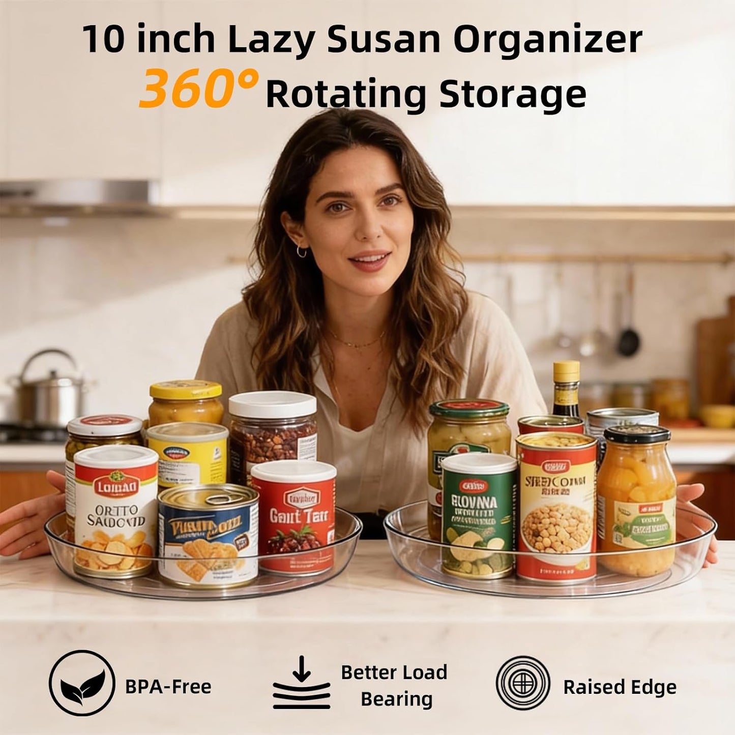 2 Pack Lazy Susan 10 inch Turntable for Spice Organization | Clear BPA-Free Plastic Rotating Organizer for Kitchen Cabinet, Pantry, Countertop, Fridge | 360-Degree Rotating Base