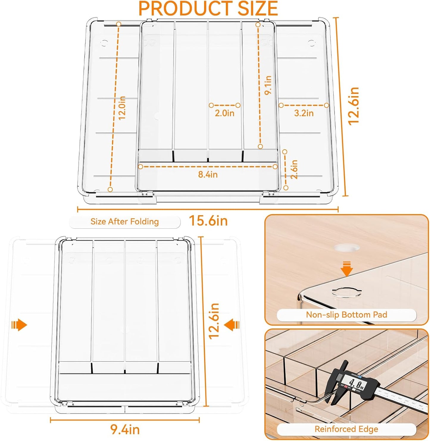Clear Expandable Silverware Drawer Organizer,9.4-15.6In Adjustable Silverware Tray for Drawer,Acrylic Kitchen Utensil Drawer Organizer for Cutlery,Flatware Organizers and Fork and Spoon Holder