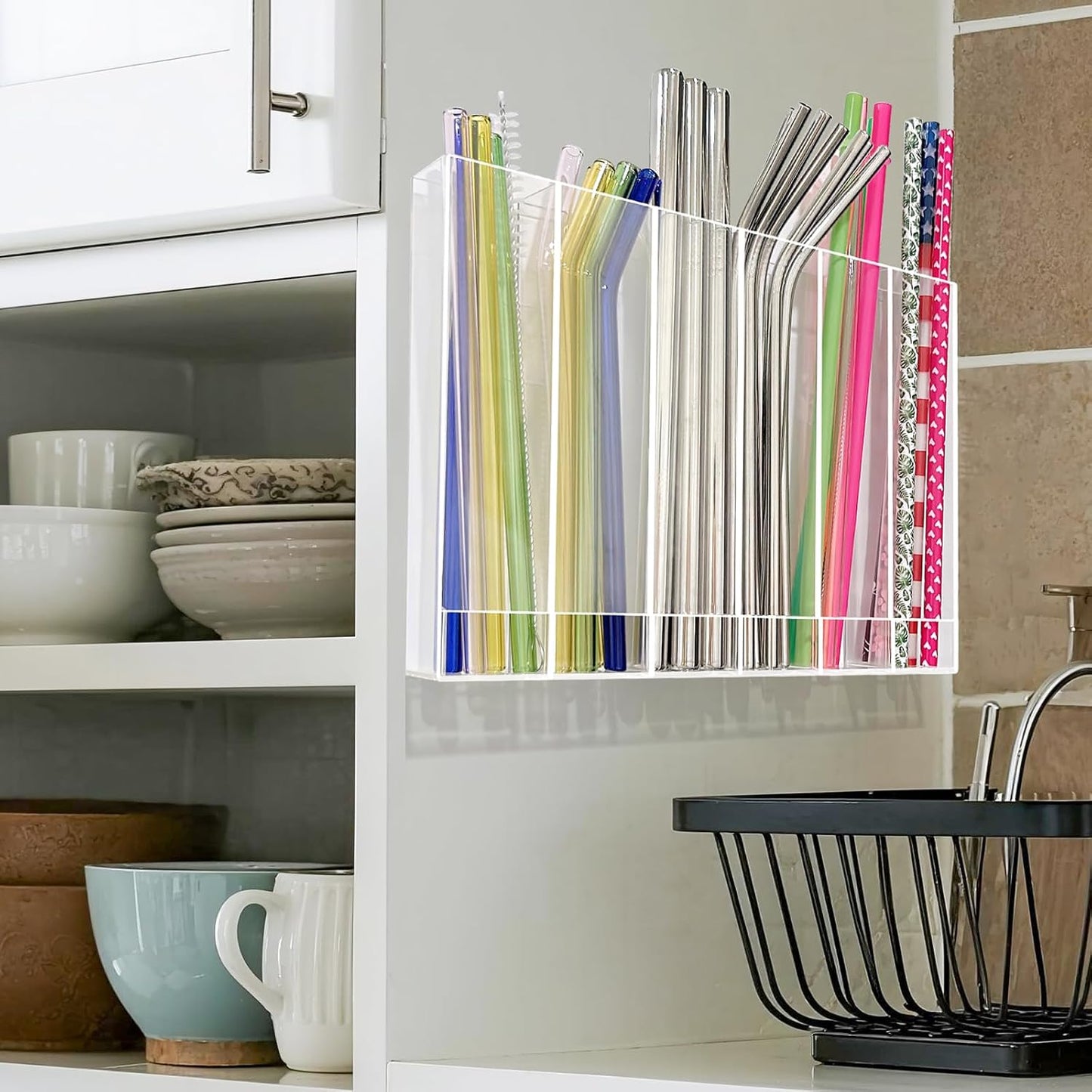 9.6” Large Acrylic Straw Holder for Cabinet Door - 6 compartments, easy to clean