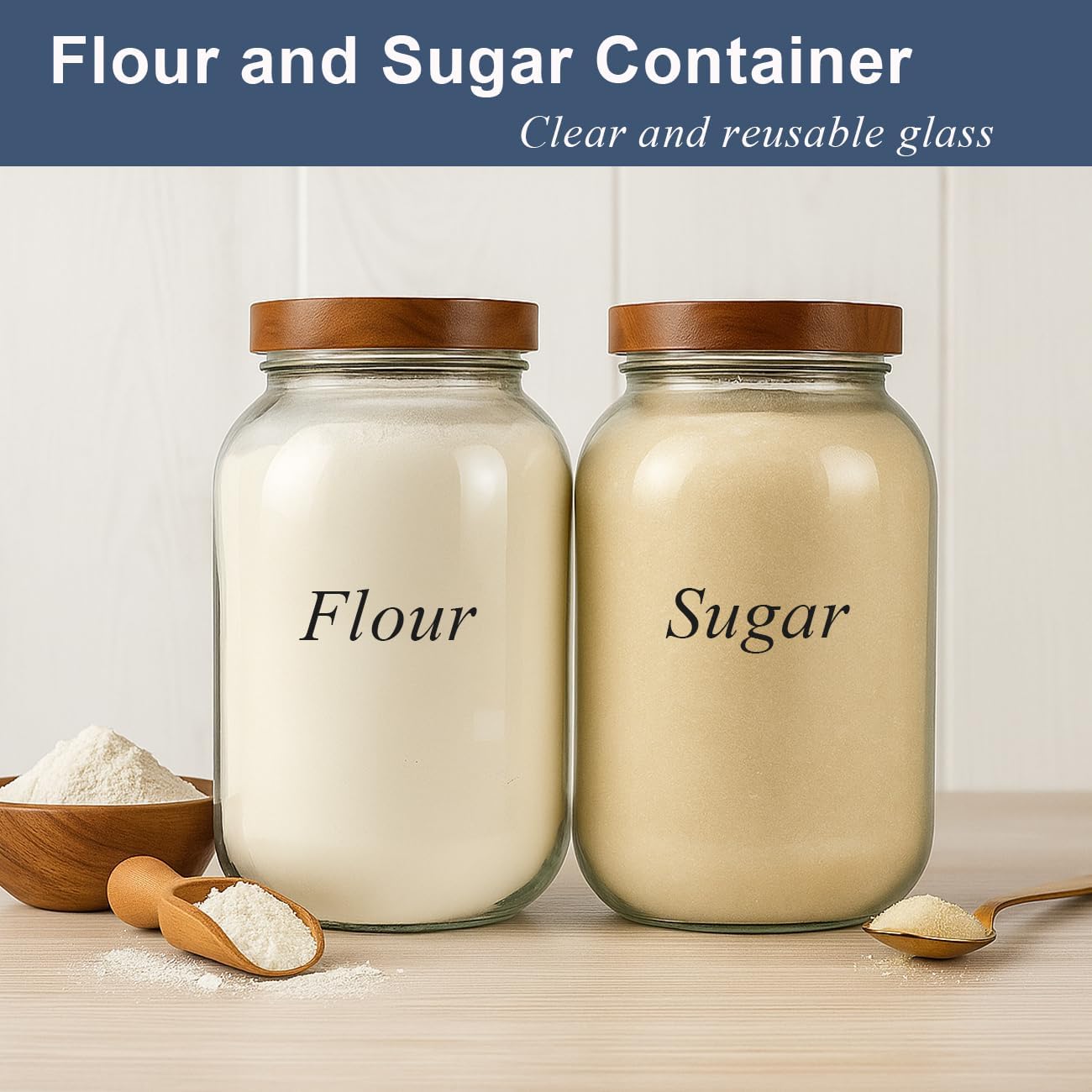 2 Pack Glass Flour Sugar Storage Containers with Acacia Wooden Lid