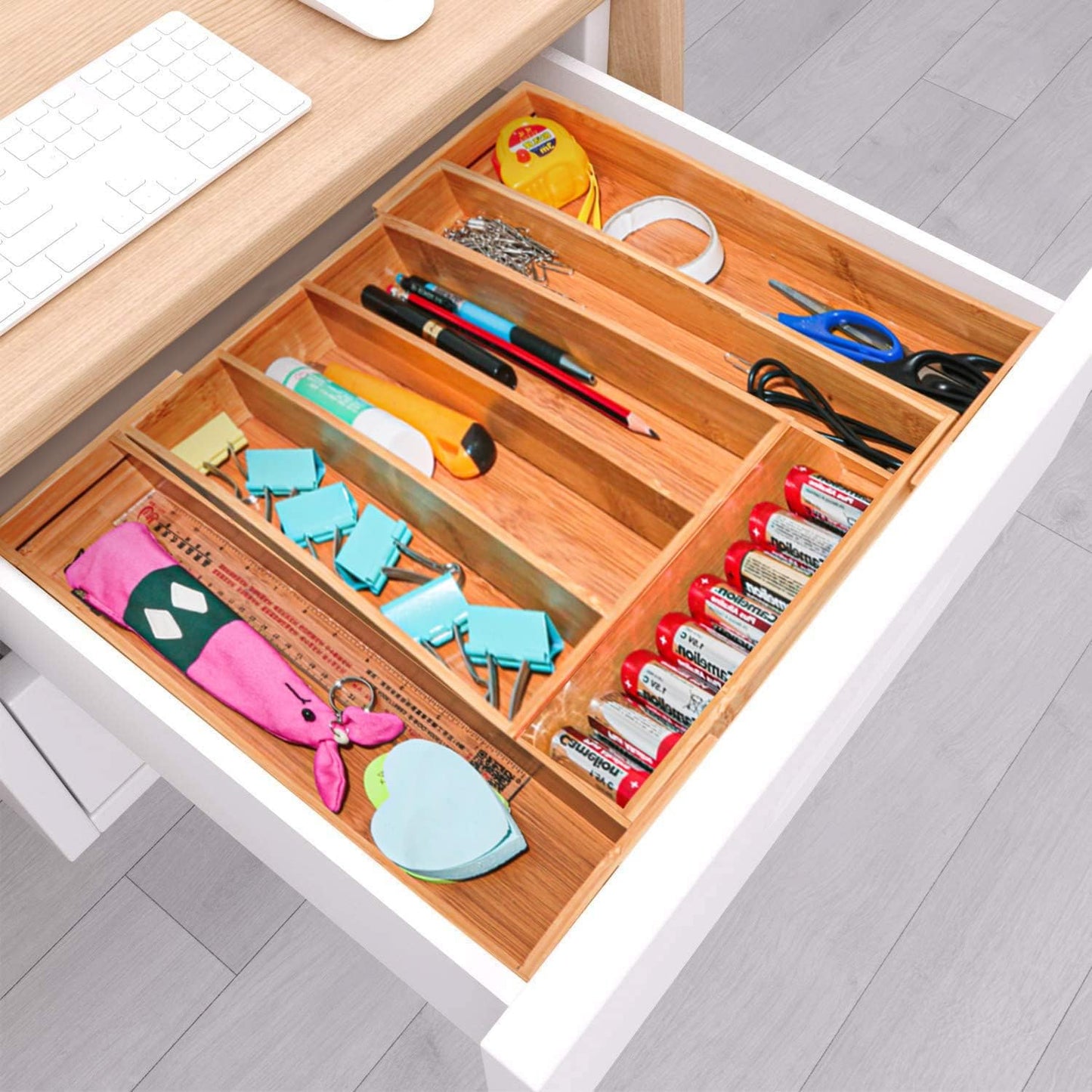 Bamboo Drawer Organizer Expandable Cutlery Tray Adjustable Utensils Holder 5-7 Compartments Wood Drawer Dividers Organizer for Storing Silverware, Flatware, Knives in Kitchen, Bedroom, Living Room