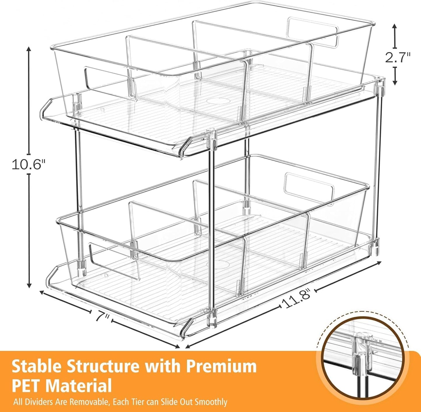 Pull-out Home Organizer, 2 Pack 2 Tier Clear Bathroom Organizer with Dividers
