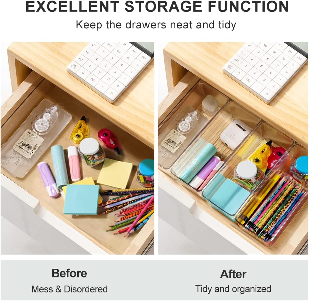 8 Pack Clear Plastic Drawer Organizer Bins Set
