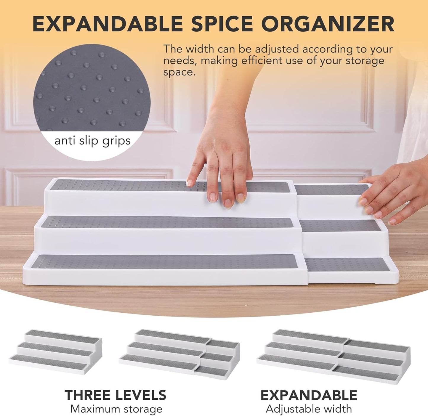 3 Tier Expandable Spice Rack Organizer, White/Grey Plastic Spice Rack