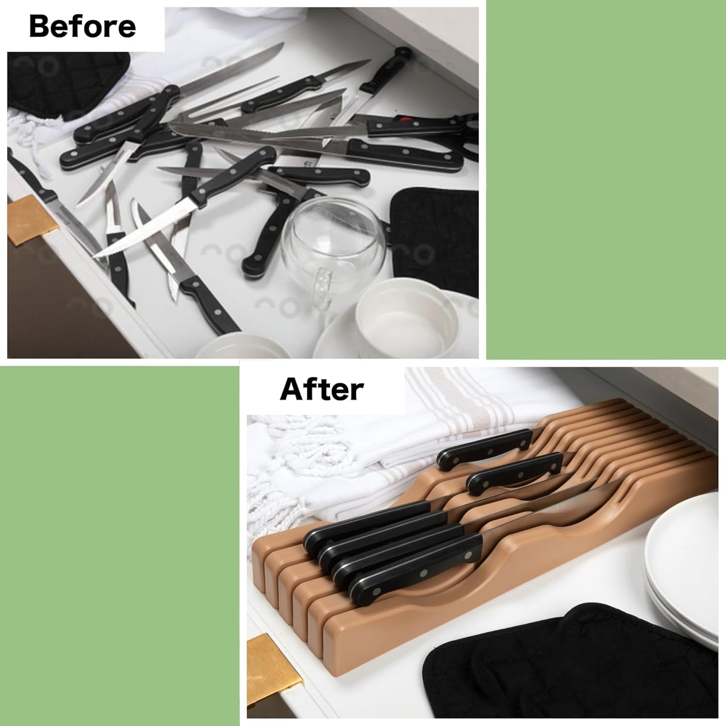 Large In-Drawer Plastic Knife Block: 11 Slot (Holds 10-12 Knives) Empty Knife Holder for Kitchen Drawers - Cutlery Tray Organizer & Storage