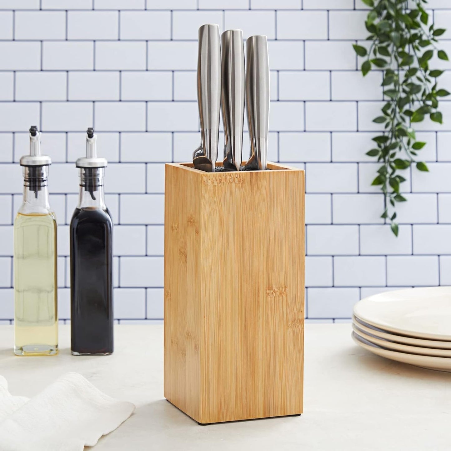 Bamboo Universal Knife Block - Adjustable Bristle Knife Holder & Stand