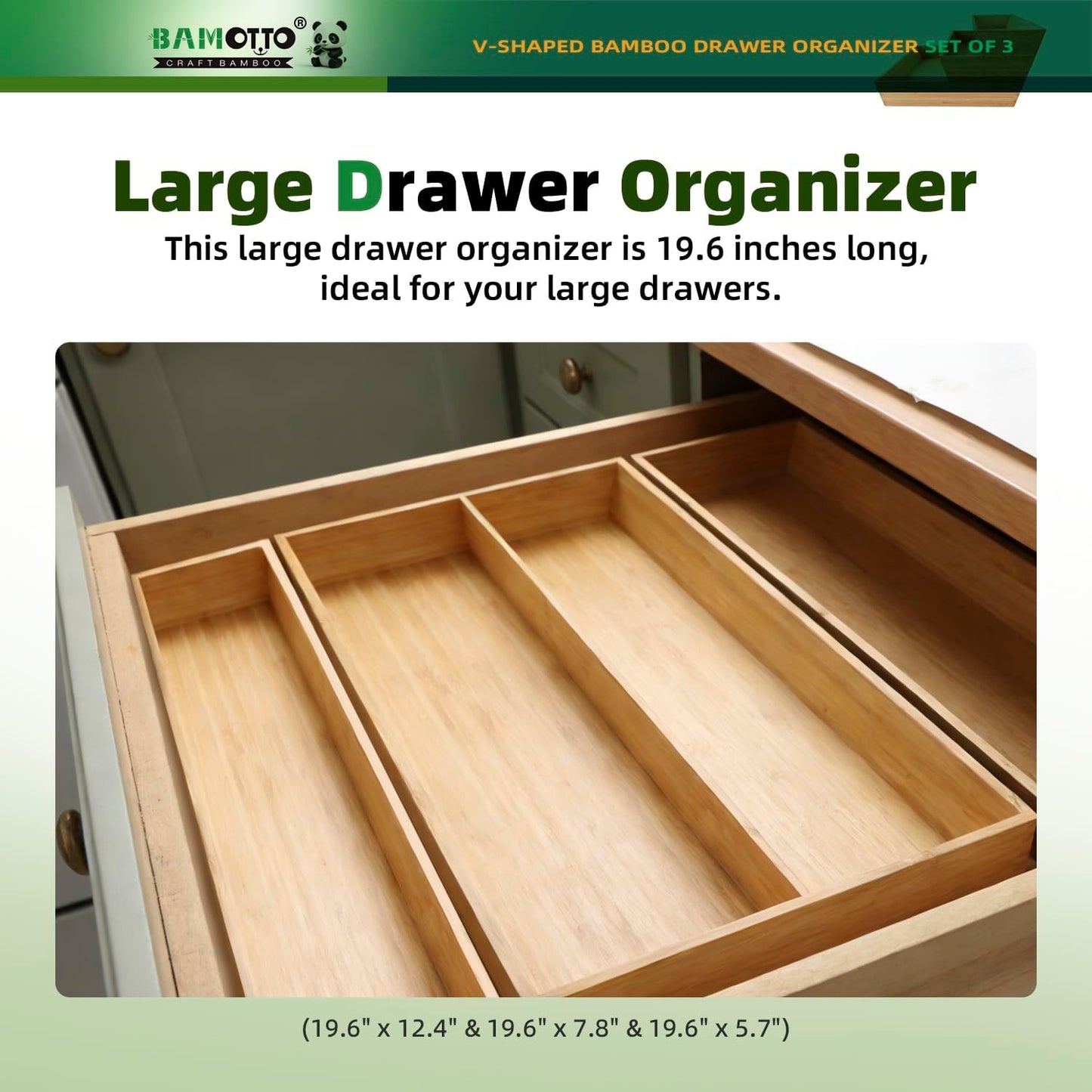 V-Shaped 3-Pack 19.6" Long Bamboo Drawer Organizer Box