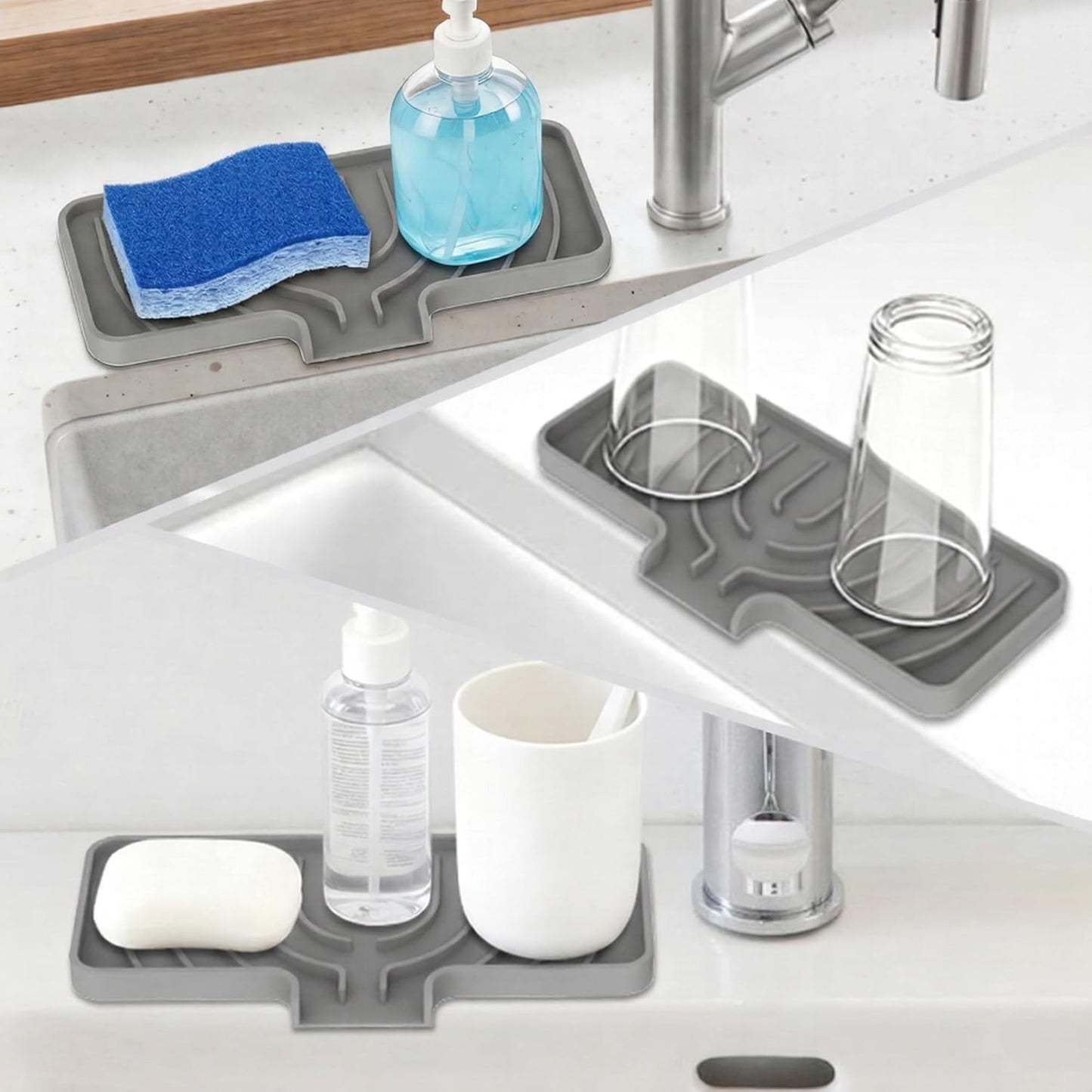 Sponge Holder for Kitchen Sink, Sink Caddy and Soap Tray | 10x4 inch Kitchen Sink Organizer | Compatible with Scrub Daddy, Kitchen Sink Accessories (Grey)