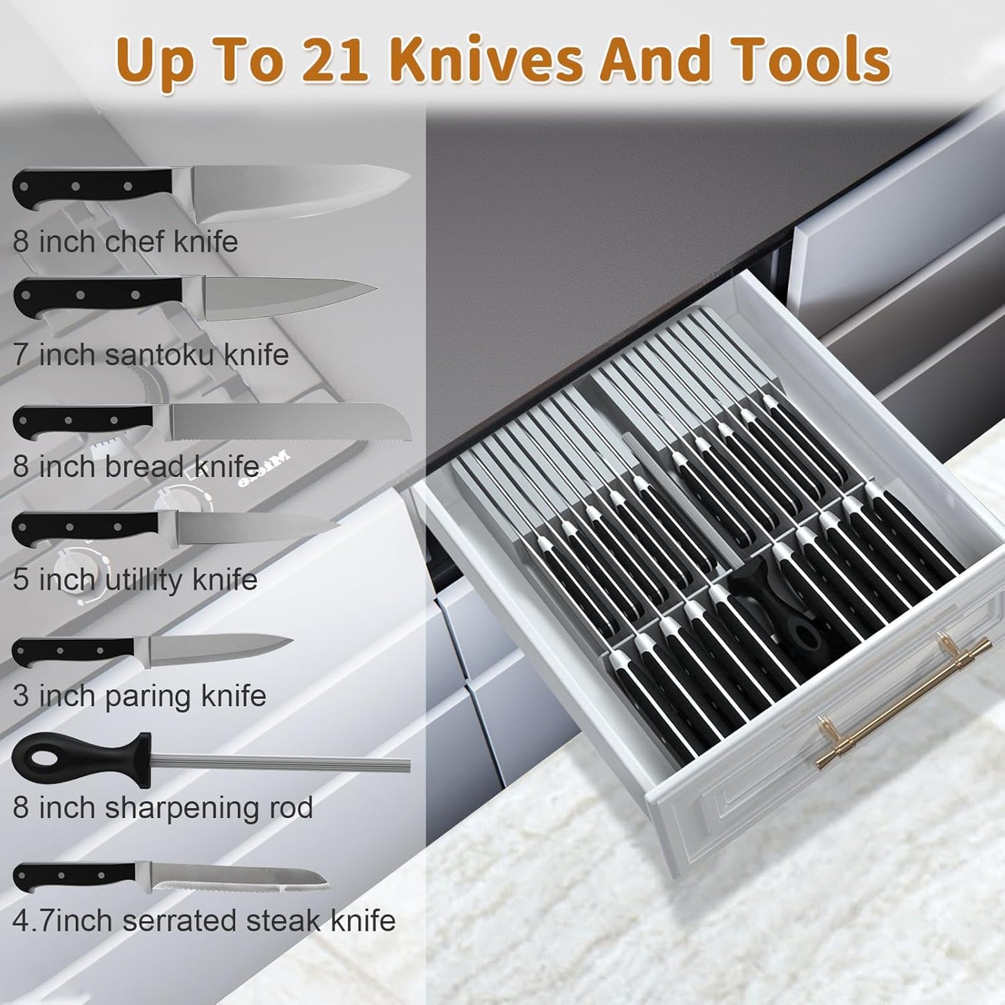 Knife Drawer Organizer, Large Capacity In-Drawer Knife Block Set Holds 20 Knives and 1 Sharpening Steel (Not Included), Suitable for Knife Organizer for Kitchen Drawer
