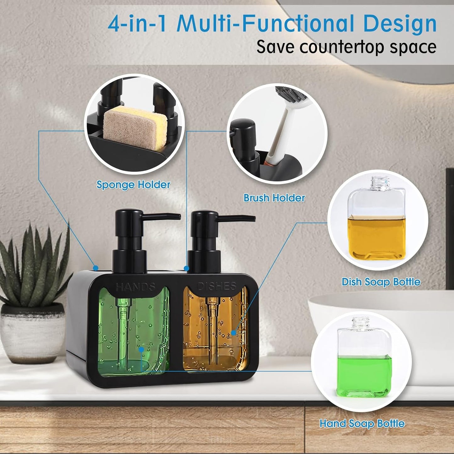Kitchen Soap Dispenser Set, with Hand and Dish Soap