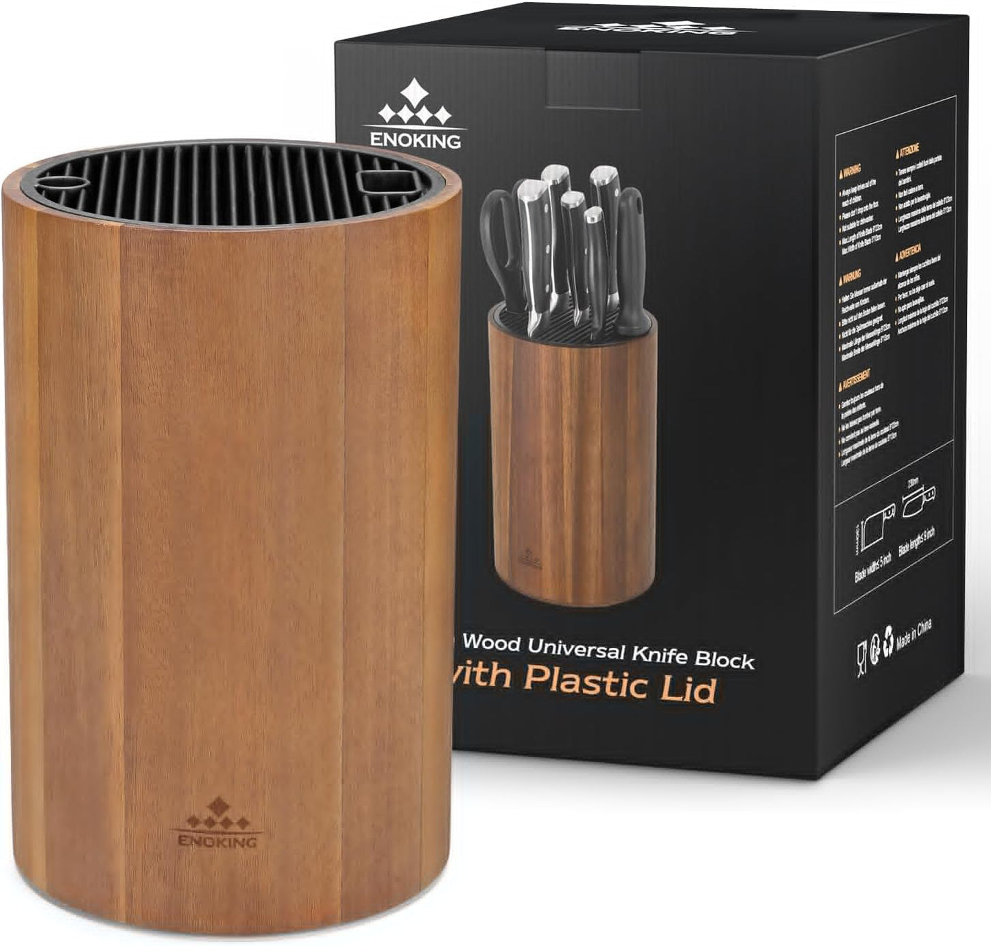 Universal Knife Block Holder with Plastic Lid, Acacia Wood Knife Block without Knives for Scissors