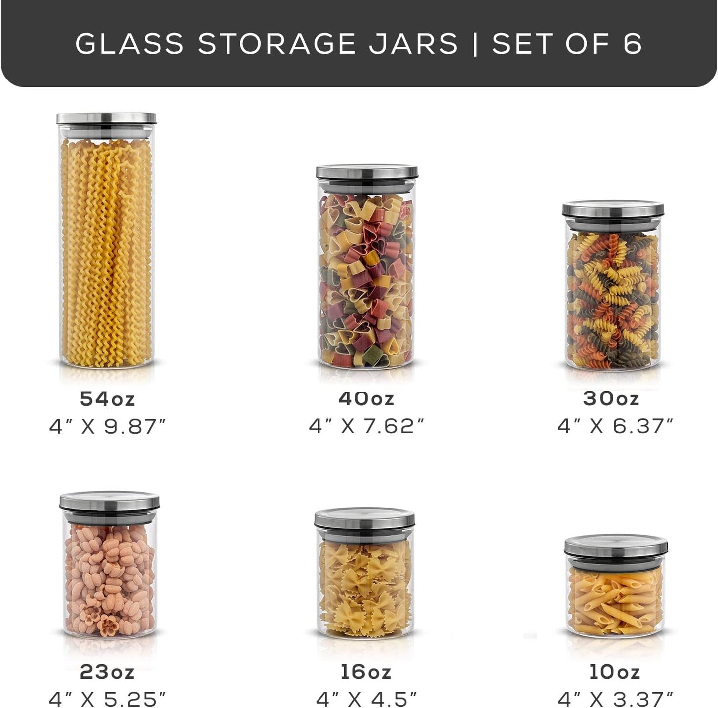 Kitchen Canister Set. 6 Glass Jars with Lids (Stainless Steel) Lids. Airtight Food Storage Containers for Pantry or Counter. Versatile Pantry Organization, Sugar Container or Cereal Canisters