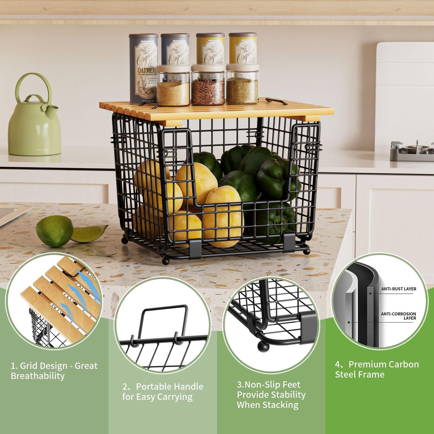 Wire Storage Basket for Kitchen Pantry: GGIU Stackable Kitchen Counter Organizers