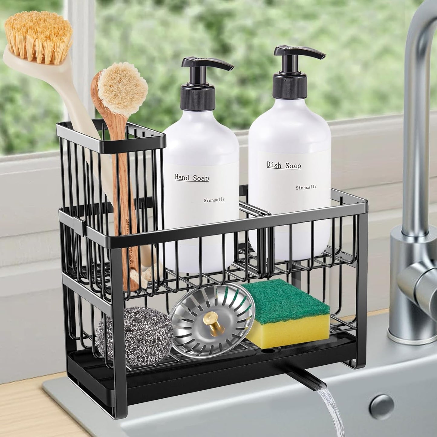 Kitchen Sponge Holder,Sink Caddy Organizer with High Brush Holder,Stainless Steel Sink Box Dish Scrubber Holder,Soap Tray for Kitchen Counter Accessories & Storage Rack(2 Tier - Black)