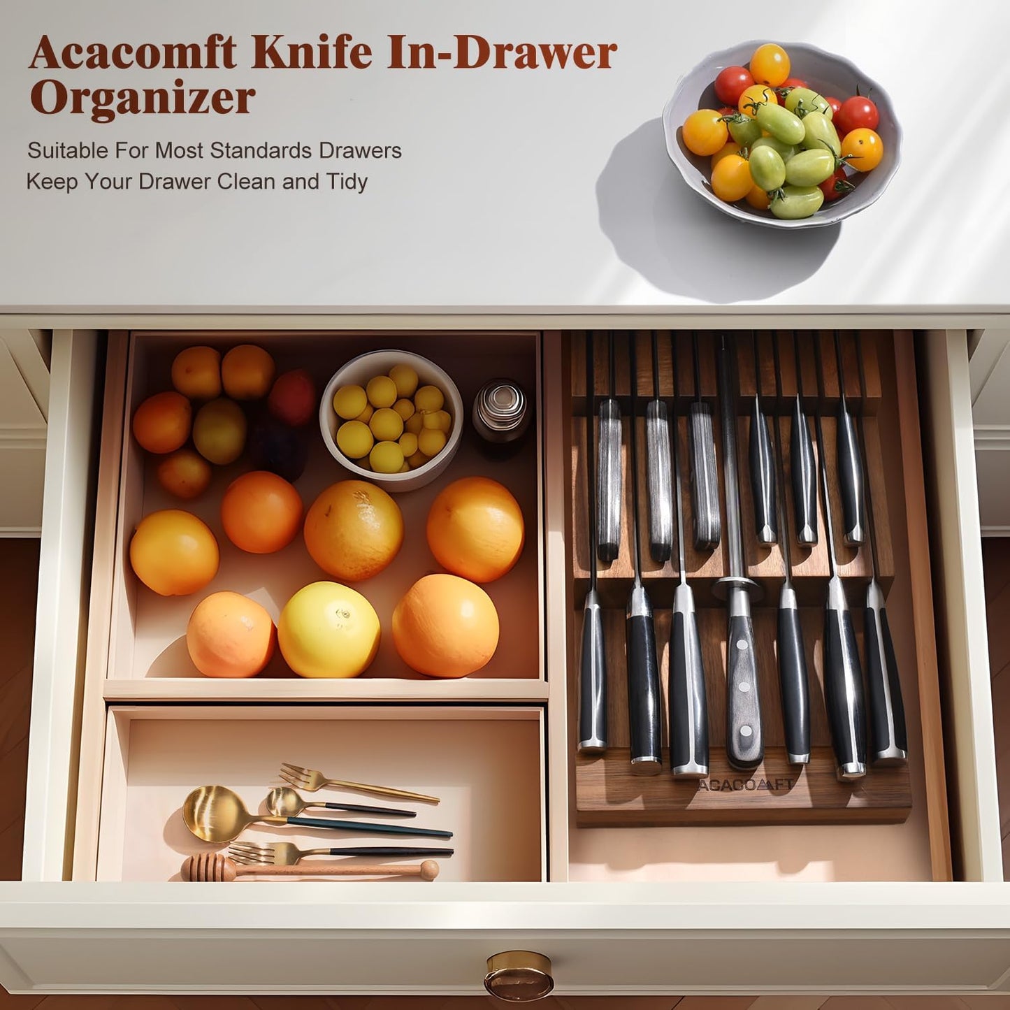 In-Drawer Knife Block, Acacia Wood Kitchen Knife Drawer Organizer