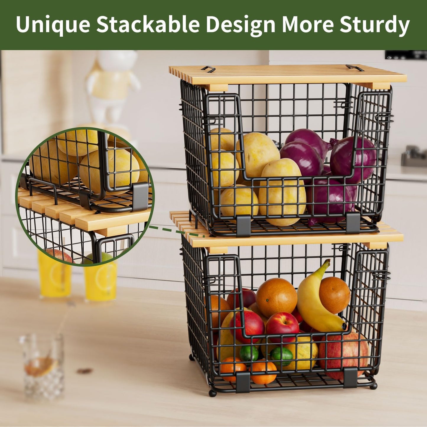 Wire Storage Basket for Kitchen Pantry: GGIU Stackable Kitchen Counter Organizers