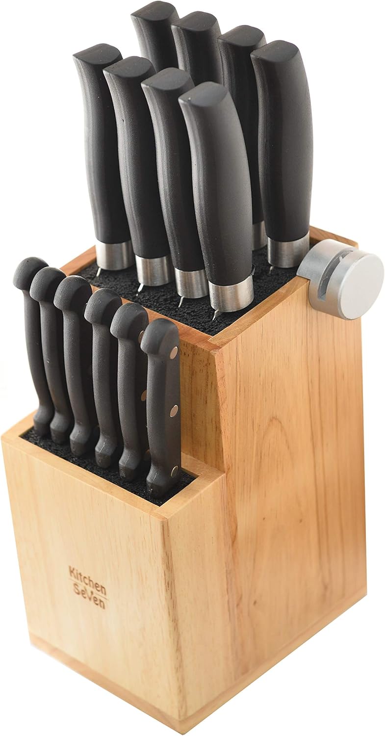 Bamboo Universal Knife Block - Knife Holder with 2 Built-In Knife Sharpeners