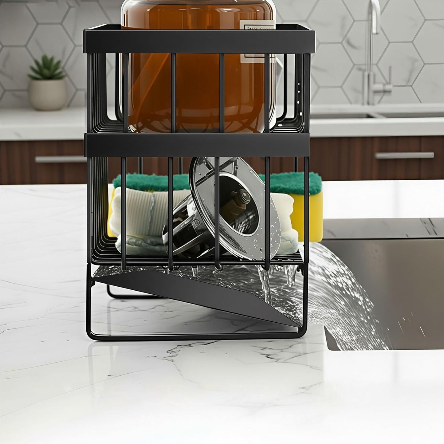 Kitchen Sink Organizer Caddy, 2 Tier Sink Caddy Organizer with High Brush Holder
