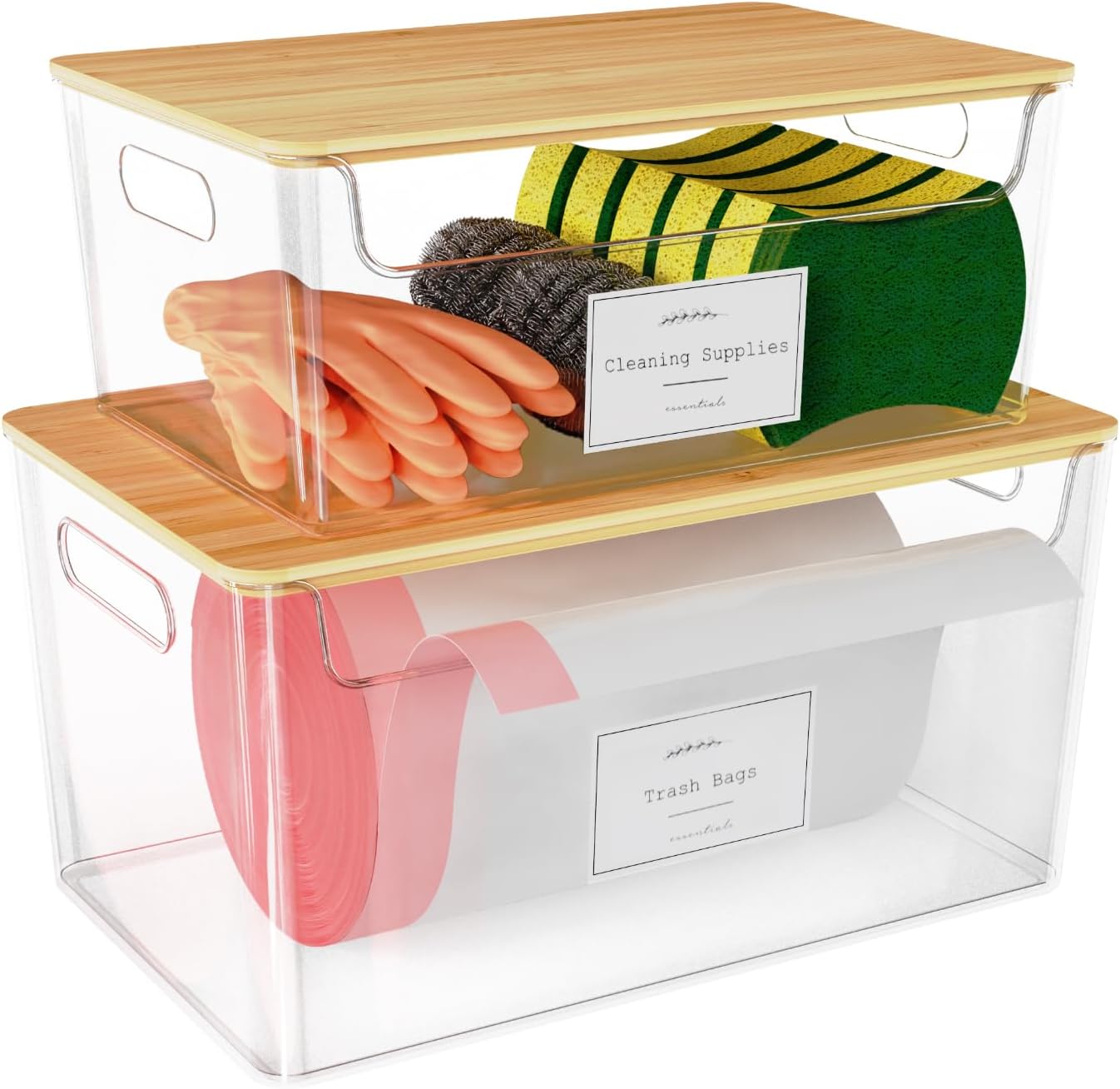 2 Pack Trash Bag Holder Under Sink Stackable, Plastic Garbage Dispenser with Lid
