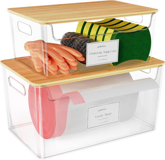 2 Pack Trash Bag Holder Under Sink Stackable, Plastic Garbage Dispenser with Lid
