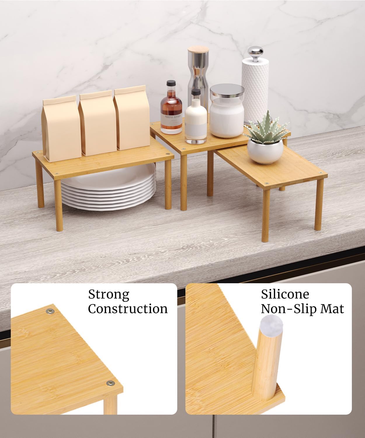 Cabinet Organizer Shelf(Set of 3),Bamboo Kitchen Counter Shelves for Countertop and Cabinet,Stackable Shelf Spice Racks,Medium(Natural)