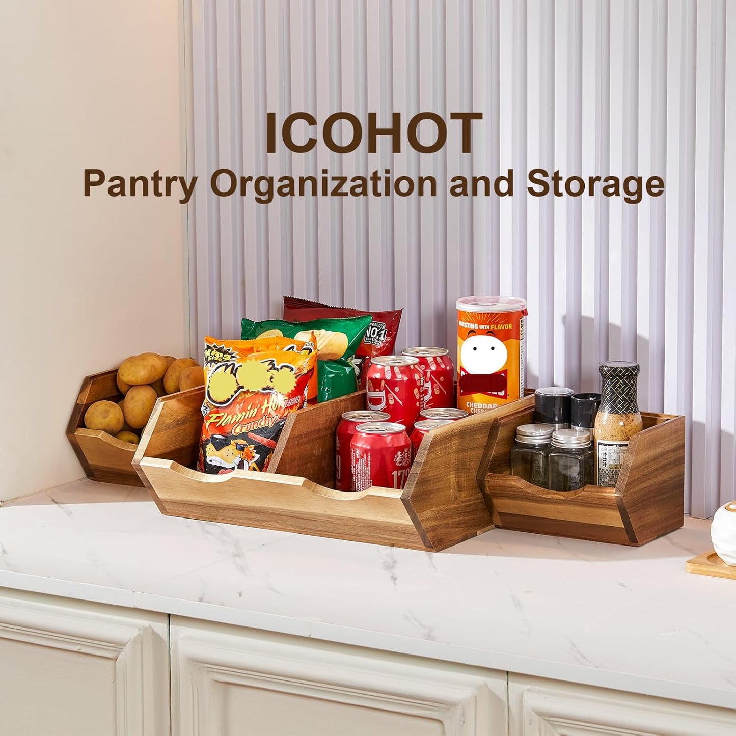 Acacia Wood Pantry Storage Bins, Stackable Storage Baskets Potato and Onion Storage Bins