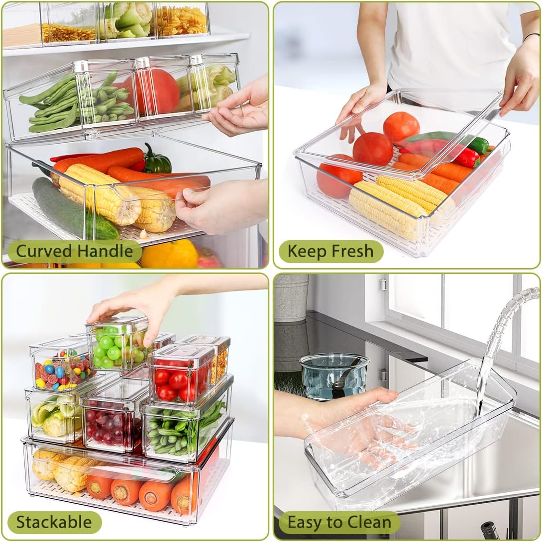 10 Pack Refrigerator Pantry Organizer Bins, Stackable Fridge Organizer Bins with Lids