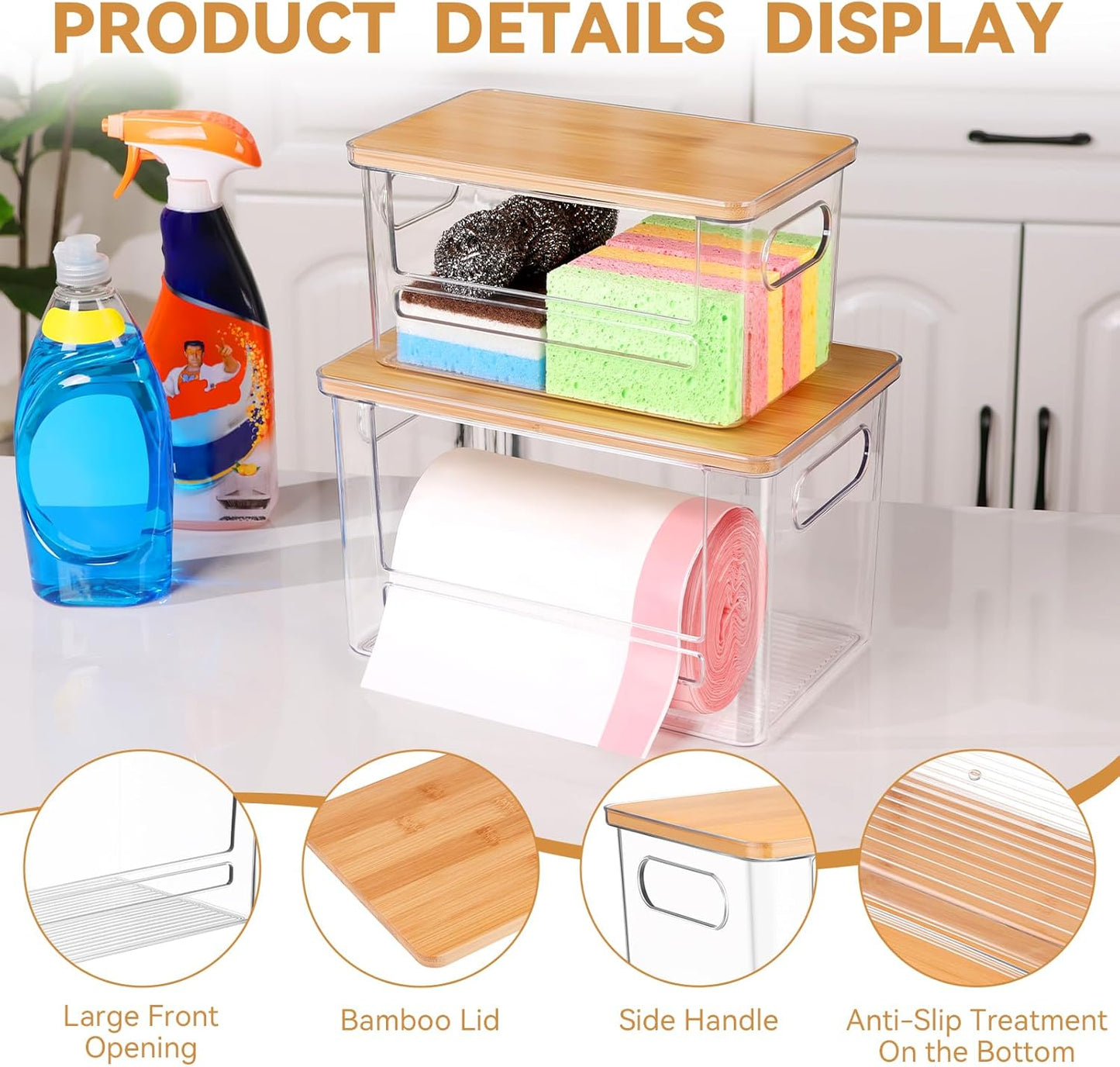 Trash Bag Holder Dispenser 2 Pack, Garbage Bag Dispenser with Bamboo Lid & Handles