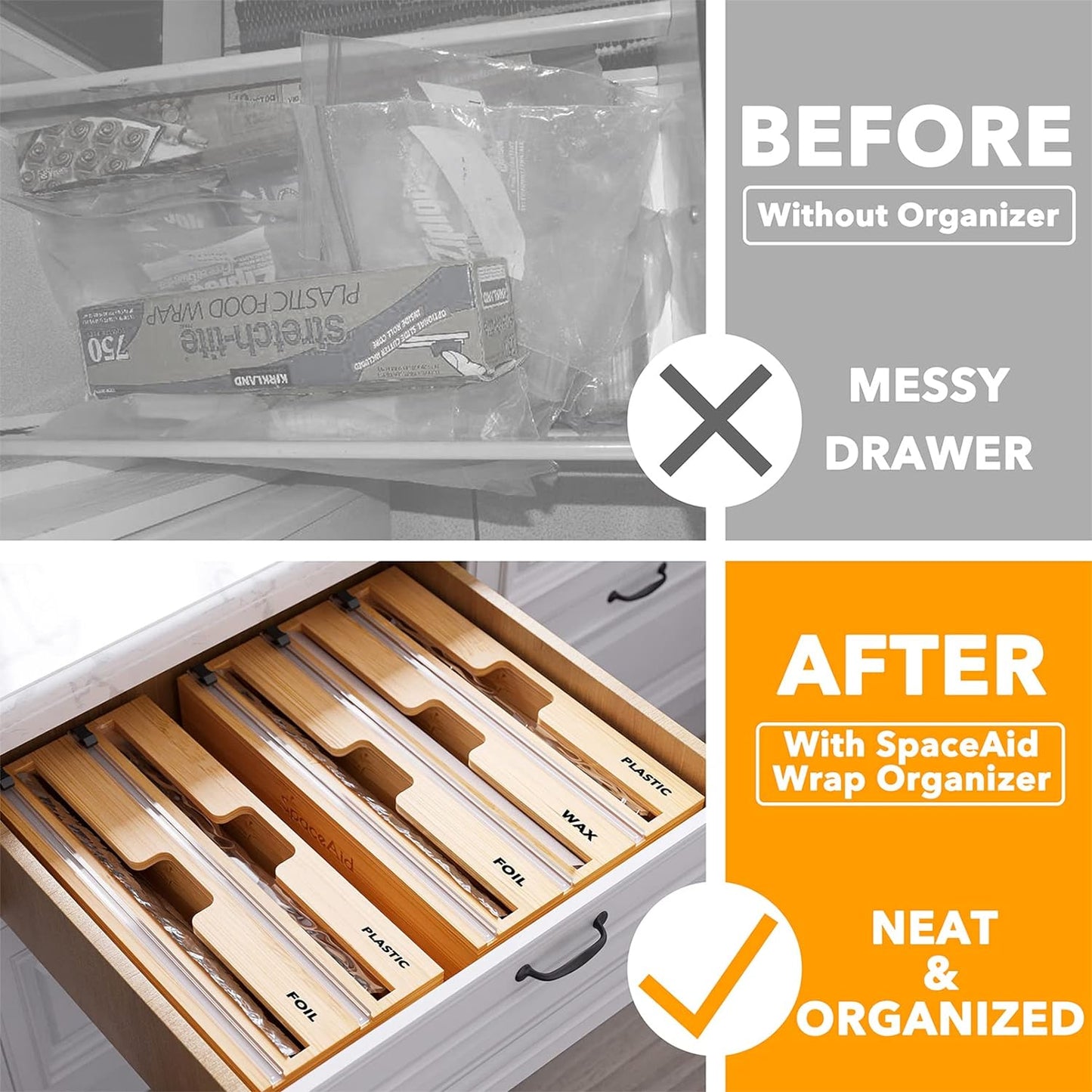 WrapNeat 2 in 1 Wrap Organizer with Cutter and Labels, Plastic Wrap